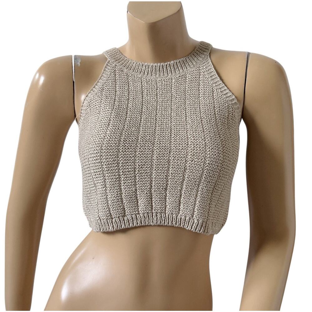 Hunter & Brown Crop Top Womens Small Gold Metallic Knit Sleeveless NWT Tank